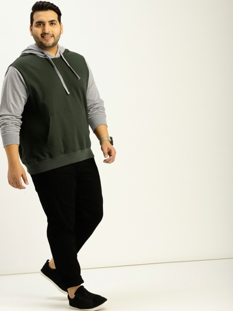 

Sztori Plus Size Men Olive Green Grey Melange Solid Hooded Sweatshirt