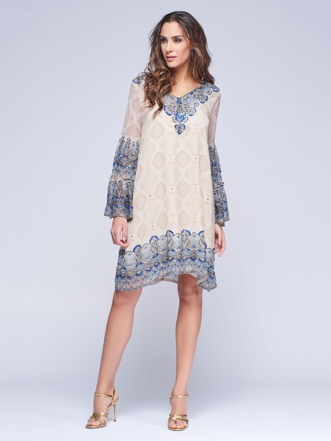 

NIZA Women Beige Printed A-Line Dress