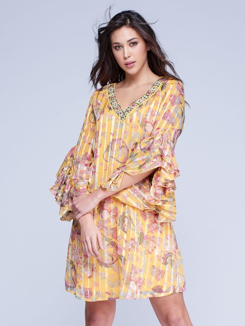 

NIZA Women Yellow Printed A-Line Dress