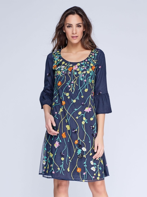 

NIZA Women Navy Blue Floral Embroidered A-Line Dress