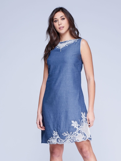 

NIZA Women Blue Embroidered A-Line Dress