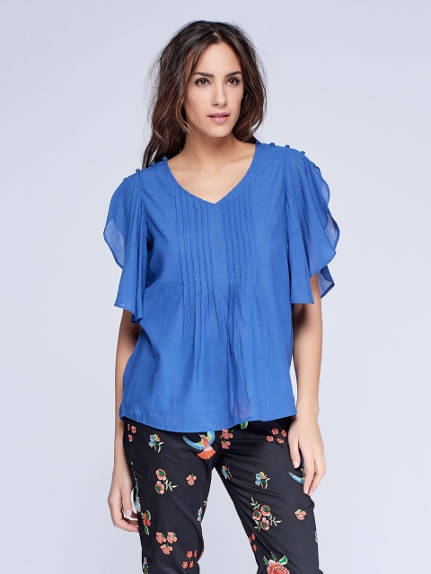 

NIZA Women Blue Solid Flutter Sleeve A-Line Top