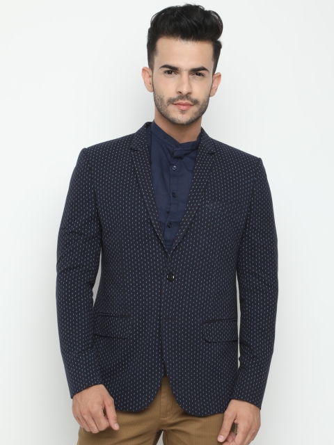 

SHOWOFF Navy Blue Single-Breasted Printed Blazer