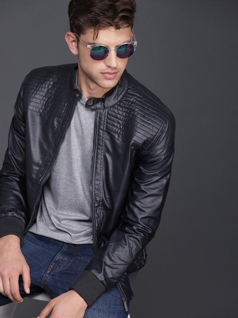 

WROGN Men Navy Blue Solid Biker Jacket