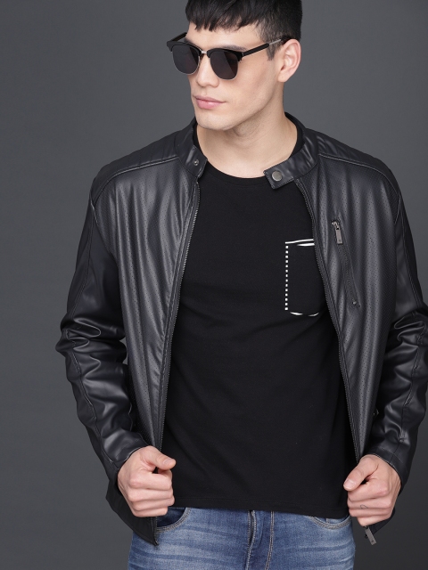 

WROGN Men Navy Blue Solid Biker Jacket