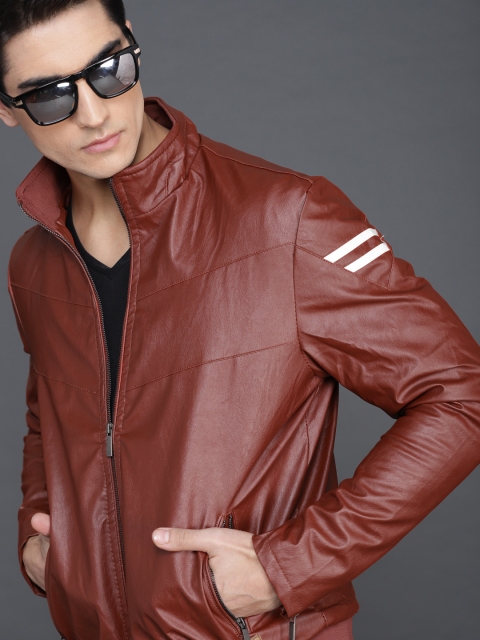 

WROGN Men Rust Red Solid Biker Jacket