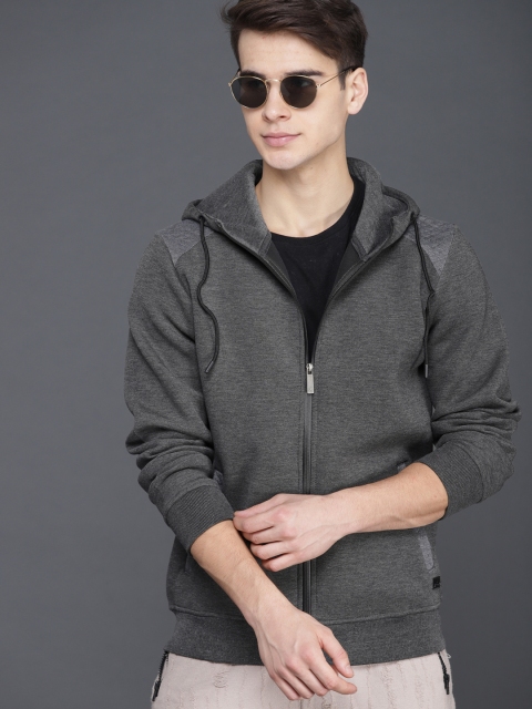 

WROGN Men Grey Melange Solid Hooded Sweatshirt