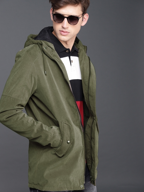

WROGN Men Olive Green Solid Hooded Longline Tailored Jacket