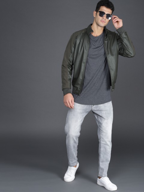 

WROGN Men Olive Green Self Design Bomber