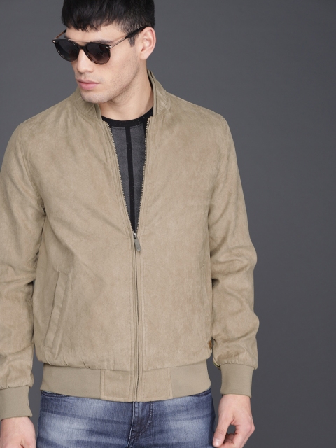 

WROGN Men Beige Solid Suede Finish Bomber Jacket