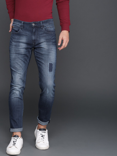 

WROGN Men Navy Blue Slim Fit Mid-Rise Low Distress Stretchable Jeans