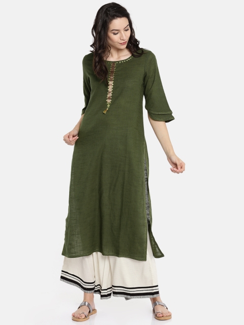 

Aaboli Women Green Solid Straight Kurta