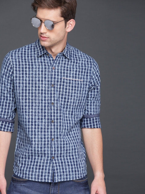 

WROGN Men Navy Blue Slim Fit Checked Casual Shirt
