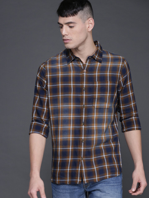 

WROGN Men Blue & Brown Slim Fit Checked Casual Shirt