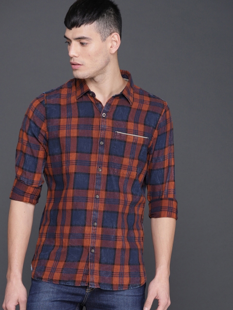 

WROGN Men Rust Orange & Blue Slim Fit Checked Casual Shirt
