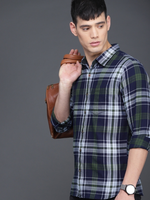 

WROGN Men Green & Blue Slim Fit Checked Casual Shirt