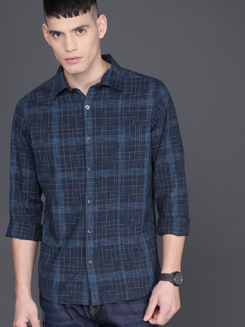 

WROGN Men Navy Slim Fit Checked Casual Shirt, Navy blue