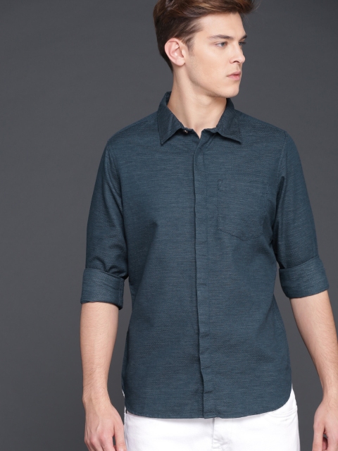 

WROGN Men Navy Blue Slim Fit Self Design Casual Shirt