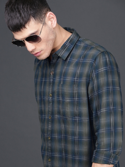 

WROGN Men Teal & Grey Slim Fit Checked Casual Shirt