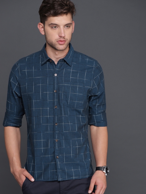 

WROGN Men Navy Slim Fit Checked Casual Shirt, Navy blue