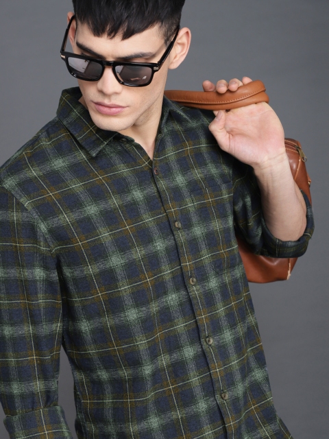 

WROGN Men Navy Blue & Green Slim Fit Checked Casual Shirt