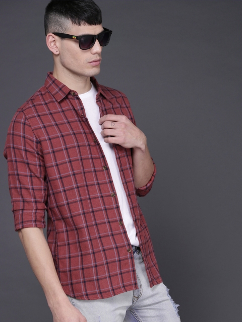 

WROGN Men Rust Red & Blue Slim Fit Checked Casual Shirt