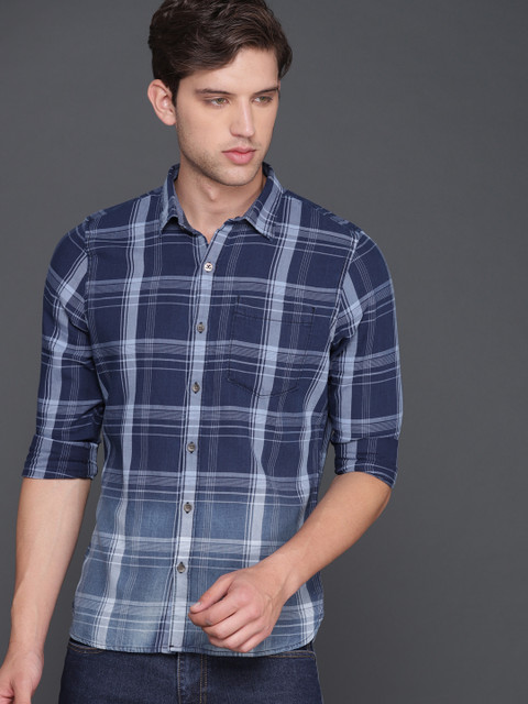 

WROGN Men Navy Blue Slim Fit Checked Casual Shirt