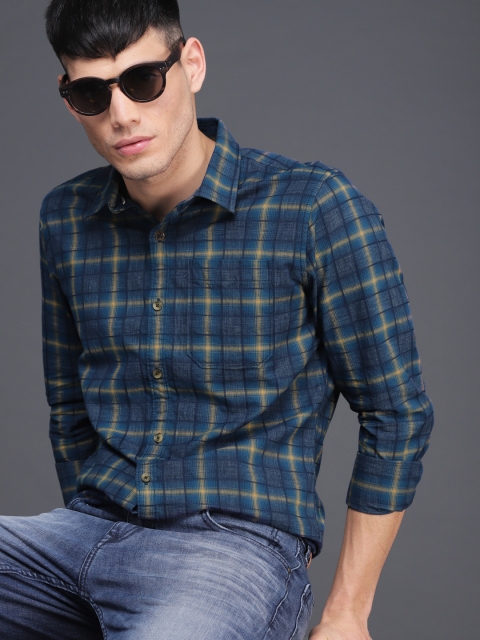 

WROGN Men Blue & Khaki Slim Fit Checked Casual Shirt