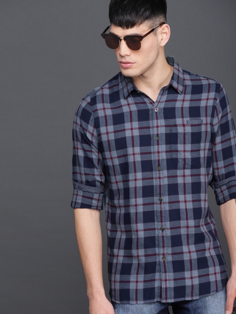

WROGN Men Blue & Grey Slim Fit Checked Casual Shirt