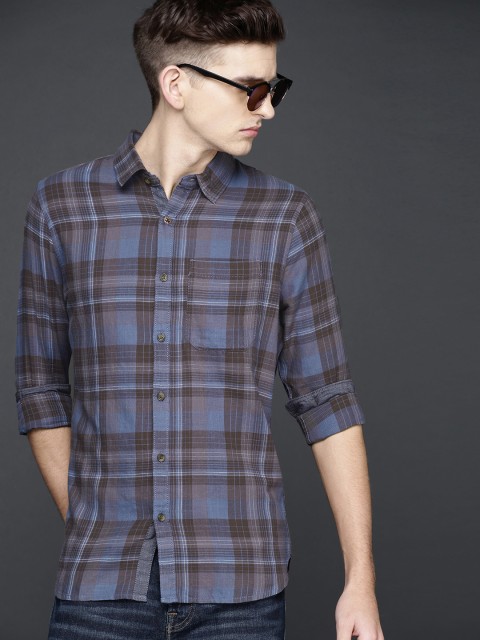 

WROGN Men Blue & Charcoal Grey Slim Fit Checked Casual Shirt