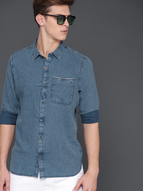 

WROGN Men Blue Slim Fit Solid Casual Shirt