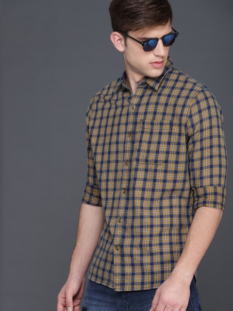 

WROGN Men Mustard Yellow & Navy Blue Slim Fit Checked Casual Shirt