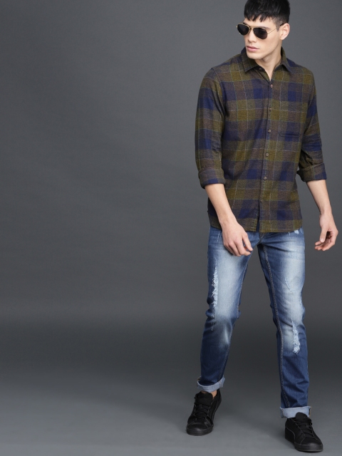 

WROGN Men Olive Green & Blue Slim Fit Checked Casual Shirt