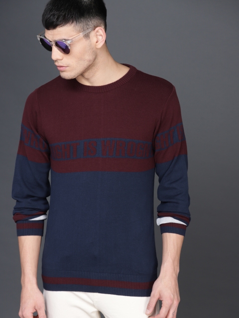 

WROGN Men Maroon & Navy Blue Colourblocked Pullover Sweater