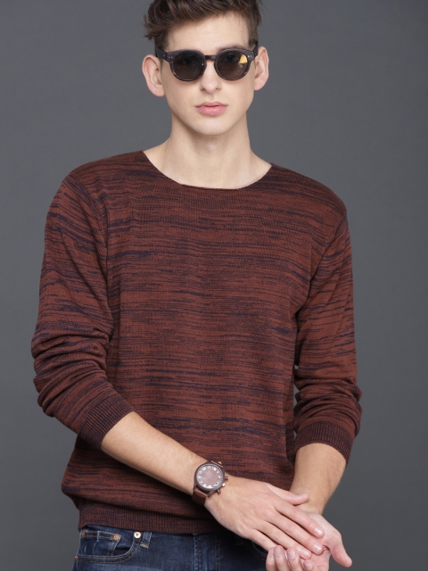 

WROGN Men Rust Brown & Navy Slim Fit Self Design Pullover