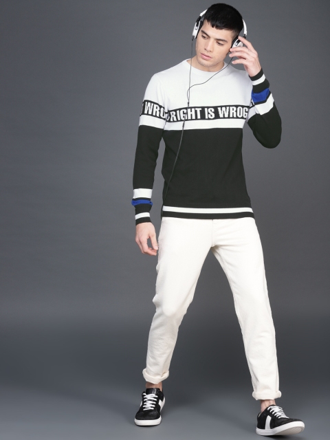 

WROGN Men White & Black Colourblocked Pullover Sweater