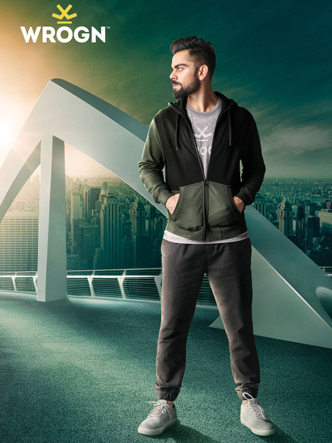 

WROGN Men Olive Green & Black Colourblocked Hooded Sweatshirt