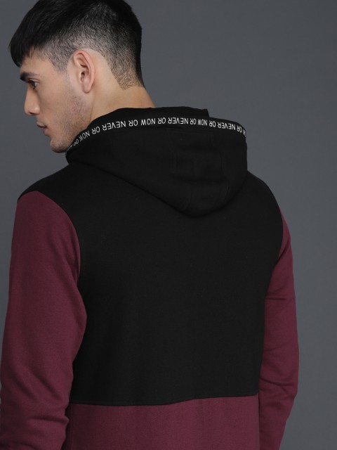 

WROGN Men Black & Maroon Colourblocked Hooded Sweatshirt