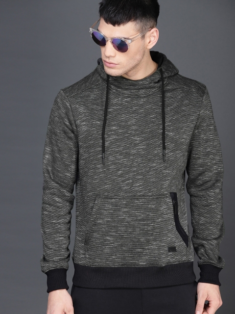 

WROGN Men Black Self Design Hooded Sweatshirt