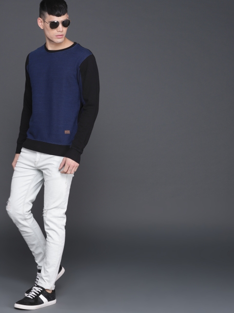 

WROGN Men Navy Blue Colourblocked Sweatshirt