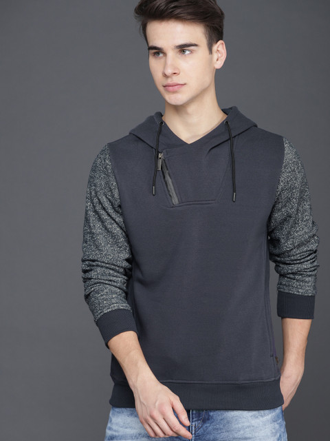 

WROGN Men Navy Blue Solid Hooded Sweatshirt