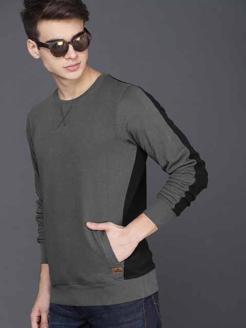 

WROGN Men Charcoal Grey & Black Colourblocked Sweatshirt