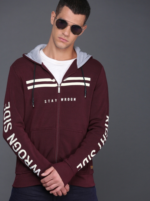 

WROGN Men Maroon Printed Hooded Sweatshirt