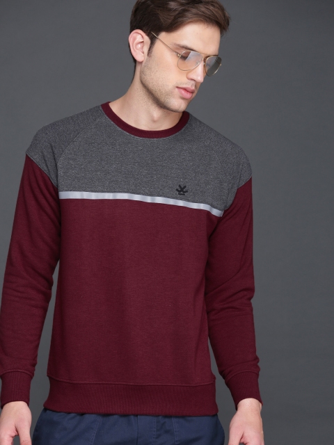 

WROGN Men Maroon Colourblocked Slim Fit Pullover Sweatshirt