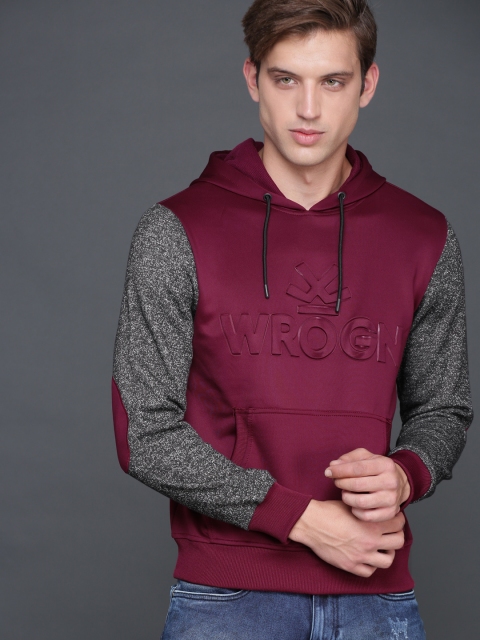 

WROGN Men Maroon Solid Hooded Sweatshirt