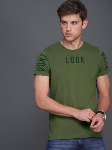 

WROGN Men Olive Green Slim Fit Printed Round Neck T-shirt