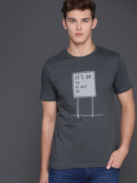 

WROGN Men Charcoal Grey Printed Round Neck T-shirt