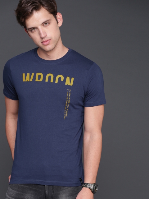 

WROGN Men Blue Printed Round Neck T-shirt