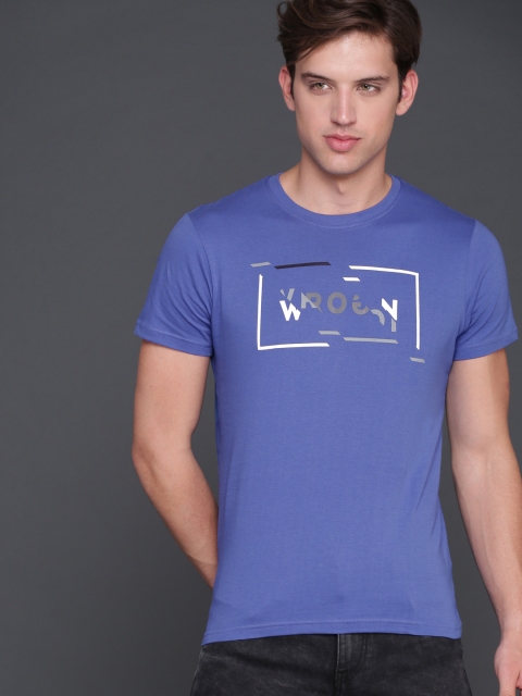 

WROGN Men Blue Slim Fit Printed Round Neck T-shirt