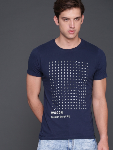 

WROGN Men Navy Blue Printed Round Neck T-shirt